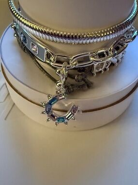 Silver Multi-Stone Crescent Charm Bracelet – Blue & Pink Accents